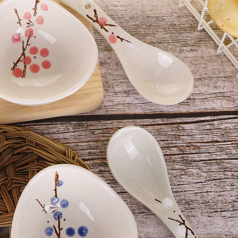 VanEnjoy Set of 4 Chinese/Japanese Ceramic Soup Spoons, Pink Cherry Blossom in Snow Pattern