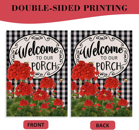 Welcome to Our Porch Geranium Spring Summer House Flag, 28x40, Black White Buffalo Plaid Check Garden Decoration