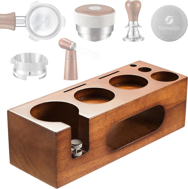 Walnut Espresso Tamping Station for 51 to 54mm Espresso Accessories, Adjustable Portafilters Stand Height (7 IN)