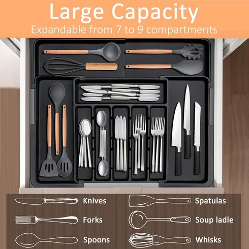 Silverware Organizer, Expandable Kitchen Utensil Drawer Tray with 9 Compartments, Large Cutlery Organizer for Forks,