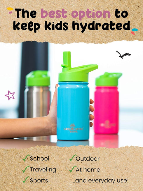 Kids Water Bottle 12oz Purple - Leak Proof with Straw & Handle, Insulated Double Wall Stainless Steel, Easy Sip Toddler