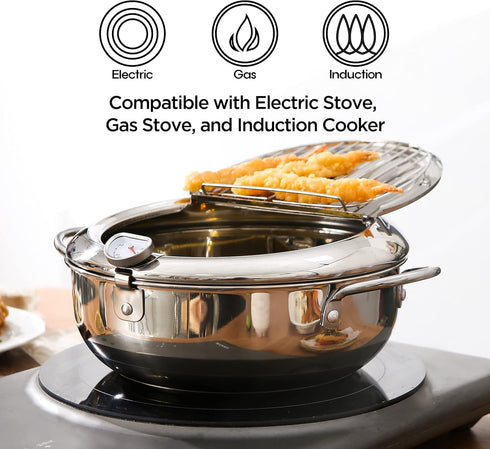 Japanese Tempura Small Deep Fryer Pot with Fahrenheit Thermometer, 304 Stainless Steel for Chips, Fries, Fish