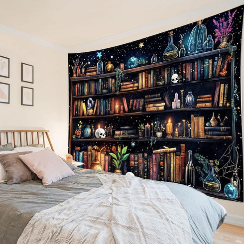 40L 60W Inches HVEST Magic Bookshelf Tapestry Vintage Bookshelf Witchy Books Plant Skull Gothic Halloween Tapestry Wall