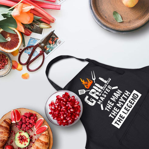 Rosoz Funny BBQ Black Chef Aprons for Men, Grill Master, Adjustable Kitchen Cooking Aprons with Pocket, Waterproof Oil