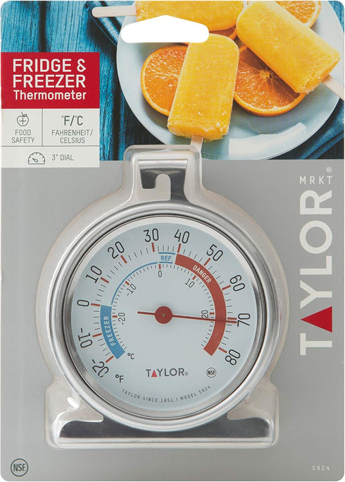 Taylor 5924 Large Dial Kitchen Refrigerator and Freezer Analog Thermometer, 3-Inch Dial, Silver Finish