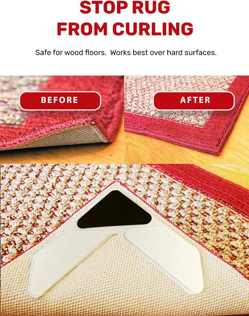 NeverCurl 8PK Rug Corner Grippers - Prevent Curling and Slipping, Easy Lift Design
