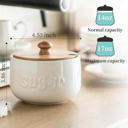 LYEOBOH Sugar Bowl with Lid and Spoon,17 OZ Sugar Jar, Ceramic Jar with Lid, Sugar Container for Coffee Bar, Sugar Bowls for Countertop, Azucarera for Farmhouse Home and Kitchen, White by LYEOBOH