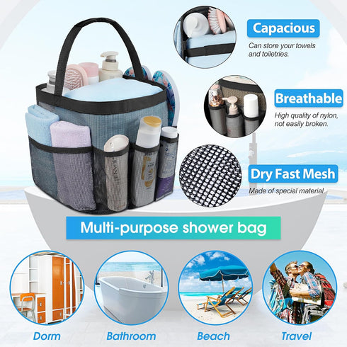 Attmu Mesh Shower Caddy, Portable for College Dorm Room, 8 Pockets, Quick Dry Shower Bag