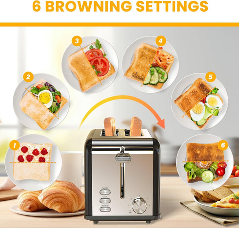 Simple Deluxe 2-Slice Toaster - Stainless Steel Toaster with 6 Browning Settings and Extra Wide Slot