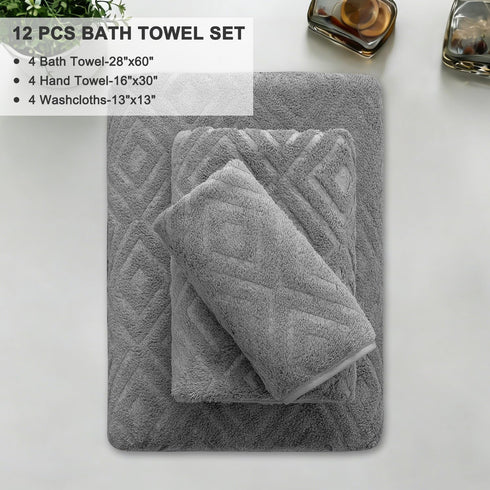 12 Set Set Hotel-4 4 4 Jarson Pieces Bath Towel Soft, Dark Grey - Quick Dry Family Towels for Bath, Highly Absorbent