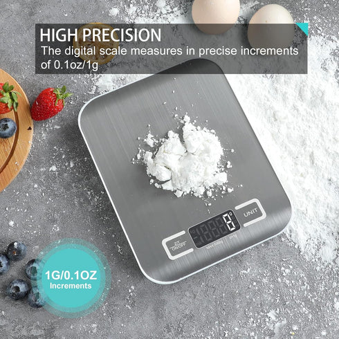 Digital Kitchen Scale - Food Scale for Meat Baking Weight, Up to 11 lb (1g-5KG), Silver Stainless Steel with LCD Display