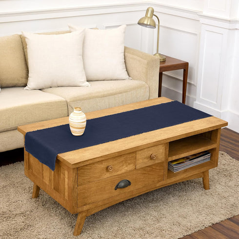 Solino Home Navy Blue Linen Table Runner 60 Inches - Fringe, 100%