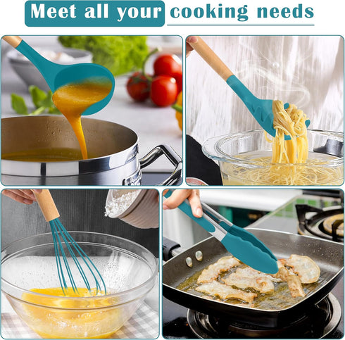 E-far Blue Silicone Cooking Utensils Set, 10-Piece Kitchen Tools with Wooden Handle for Nonstick Cookware, Heat