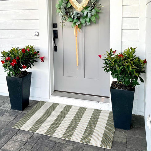 OJIA Front Door Mat, 24"x35" Green Striped Checkered Rug, Washable Indoor Outdoor Rug for Kitchen Entryway Patio