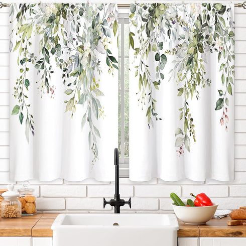 Sage Green Eucalyptus Botanical Leaves Floral Kitchen Window Curtains, 26x36 inch, Short Cafe Drapes for Bathroom