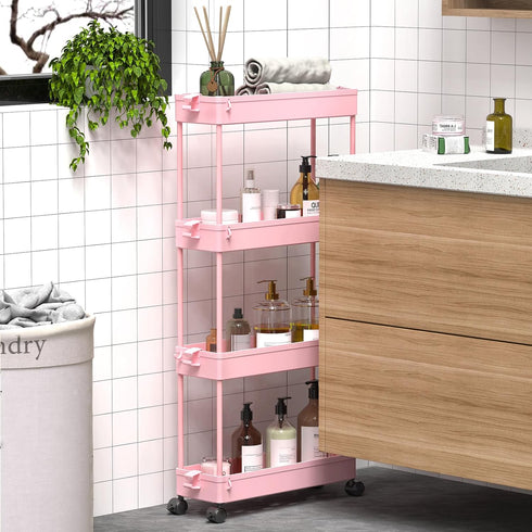 SPACEKEEPER Slim Rolling Storage Cart, 4 Tier Bathroom Organizer with Wheels for Kitchen & Laundry Room, Pink