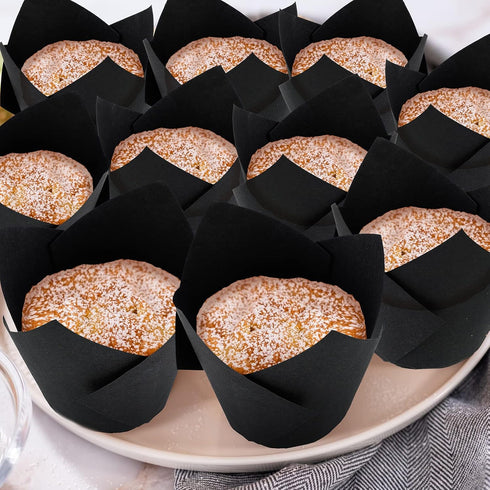 Jutom 200 Pack Black Tulip Cupcake Liners, Greaseproof Muffin Liners for Weddings, Birthdays, Baby Showers