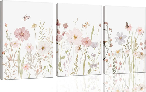3Pcs Watercolor Wildflower Wall Art Botanical Nursery Canvas Prints Vintage Floral Pictures