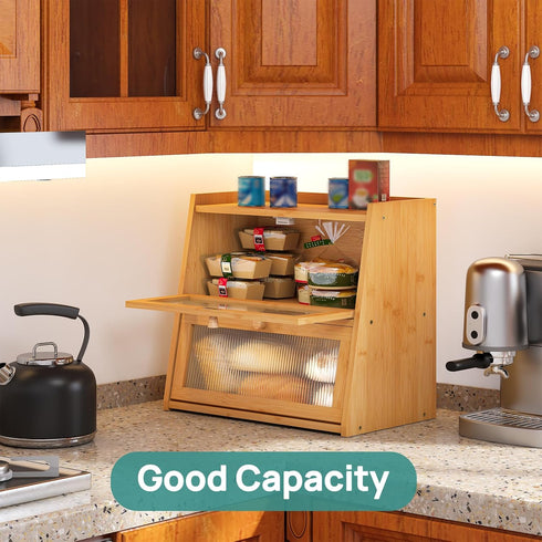 Counter, viewcare Bread Box for Kitchen Double Layer Large Bamboo Wood Bread Box, Bamboo Bread Storage Container
