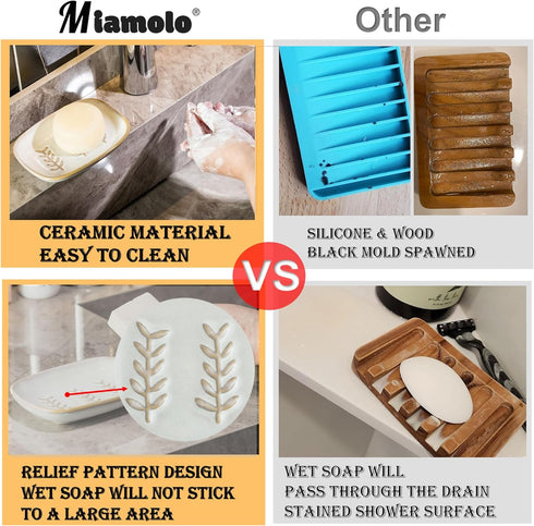 Miamolo Soap Dish Bar Cleaner Dish for Shower, Ceramic Soap Dishes for Large Soap Bar Shampoo or Sponge, Shower Soap