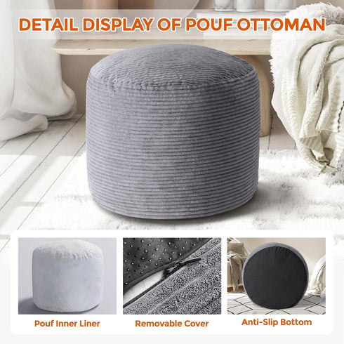 20" 20" 15" x x Pouf Ottoman Foot Rest, Pre-Stuffed Round Foot Stool with Odorless Shredded Memory Foam, Furry & Fluffy