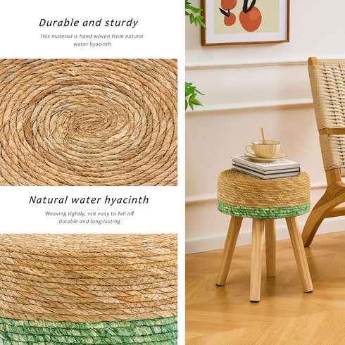 17-Inch Handwoven Outdoor Ottoman, Water Hyacinth Pouf Round Patio Footstool with Wood Legs, Multipurpose Vanity Stool