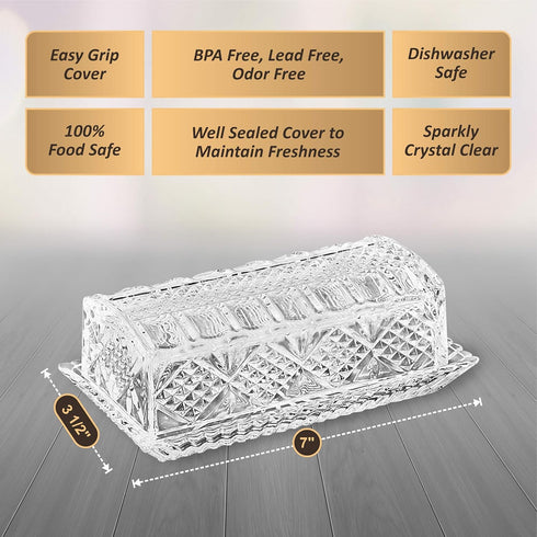 Large 7" x 3.75" x 2.75" Deep Danish Crystal Covered Butter Dish, Beautiful Decorative Design