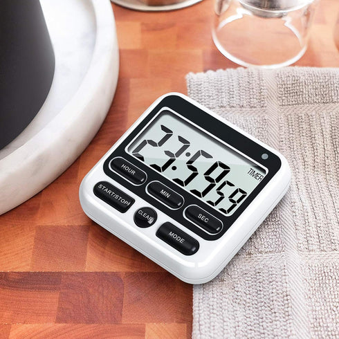 KTKUDY Digital Kitchen Timer with Mute/Loud Alarm, 24 Hour Clock & Memory Function, Large LCD Display (Black)