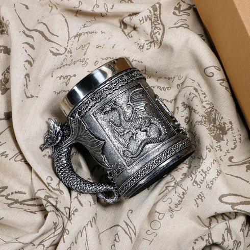 Medieval Roaring Dragon Mug - Dungeons and Dragons Beer Stein Tankard, 15.8oz Stainless Coffee Mug for GOT Lovers