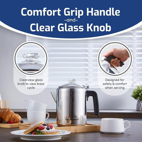 Elite Gourmet EC008 Classic Coffee Percolator, 8-Cup, Stainless Steel, Glass Knob, Cool-Touch Handle