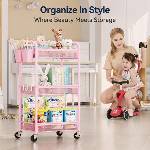 3 YASONIC Tier Rolling Cart Metal Utility Storage Cart with Wheels, Craft Cart Organizer with Hanging Cups, Hooks, Mesh