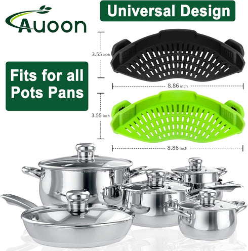 2PACK AUOON Clip on Strainer for All Pots Pans, Silicone Pasta Strainer Kitchen Colander, BlackGreen
