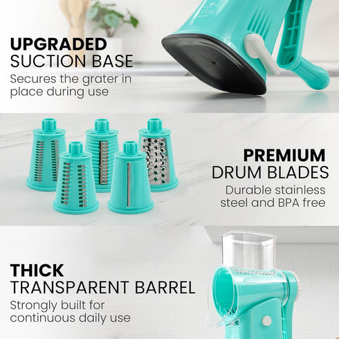 Zulay Rotary Cheese Grater, 5 Blade Manual Hand Crank Cheese Shredder, Calm Teal