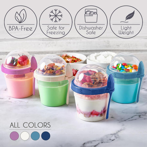 4 Pack 17 oz Crystalia On The Go Yogurt Parfait Cups with Lids, Topping Compartment & Spoons, Cereal Oatmeal Salad