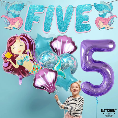 KatchOn Shiny Mermaid 5th Birthday Decorations - Pack of 9, Mermaid Balloons, Banners, Party Decorations