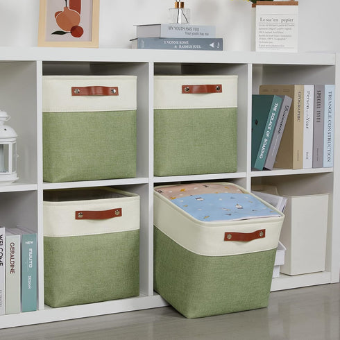 DULLEMELO Storage Basket, Linen Closet Organizers and Storage Baskets for Home Office, 4 Pack (12" White & Green)