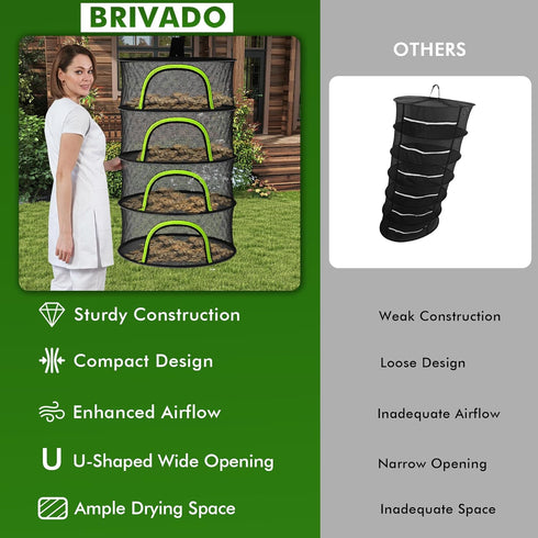 BRIVADO 4 24" Herb Drying Rack Hanging Mesh Layer with Zipper, Garden Pruning Shear, Hook & Carabiner Clip for Drying
