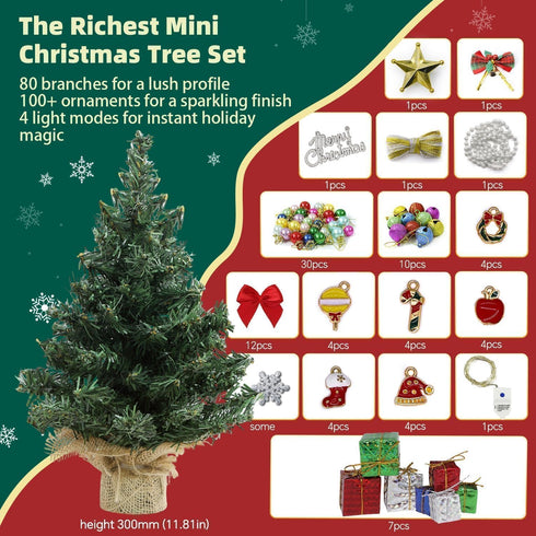 12 inch 1/6 1/12 iLAND Mini Christmas Tree with Lights Small Christmas Table Decorations Fits Office Desk Shelf Van