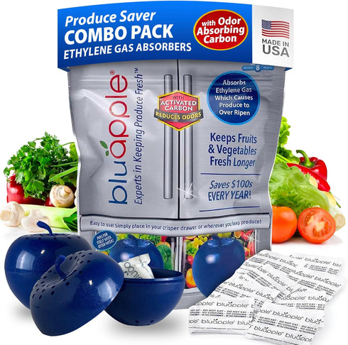 Bluapple Produce Saver Ethylene Gas Absorber 1 Year Combo Pack, 2 Bluapples + 8 Packets, Vegetable & Fruit Freshness