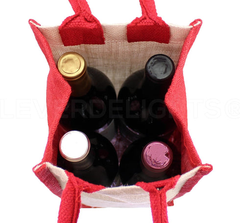 CleverDelights 4-Bottle Jute Burlap Wine Tote, 14 x 6 x 6 Inch