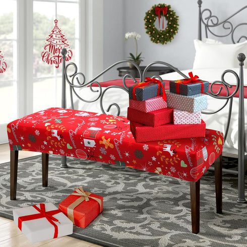 YISUN Christmas Dining Bench Covers, Stretch Printed Christmas Bench Covers, Anti-Dust Removable Bench Slipcover