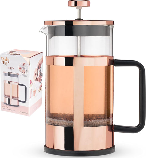 Pinky Up Piper 34 oz Rose Gold Tea Press Pot, French Press for Loose Leaf Tea and Coffee