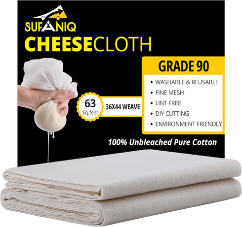 Sufaniq Cheese Cloths, Grade 90 (63 Sq Feet) 100% Pure Cotton Reusable Cheesecloth for Straining and Butter Muslin