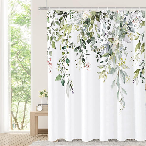 Tititex Sage Green Eucalyptus Shower Curtain, Watercolor Leaves Plant Design, 72x72 Inch with Hooks for Bathroom