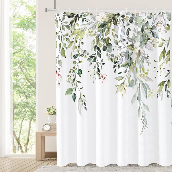 Tititex Sage Green Eucalyptus Shower Curtain, Watercolor Leaves Plant Design, 72x72 Inch with Hooks for Bathroom