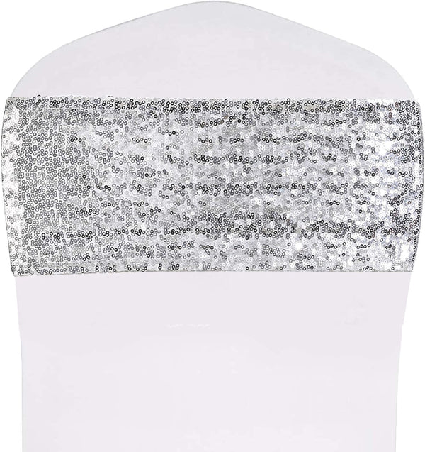 SquarePie Pack of 10 Sequin Chair Sashes, Silver Sparkling Decorative Bands for Wedding Banquet Party Decor