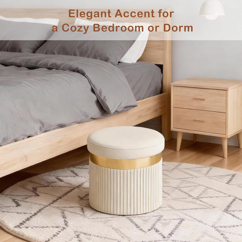 Room13x13x12.4(YZbeige,1pcs) xuperbonus Small Ottoman with Storage,Folding Round Ottoman with Gold Trim,Velvet Storage