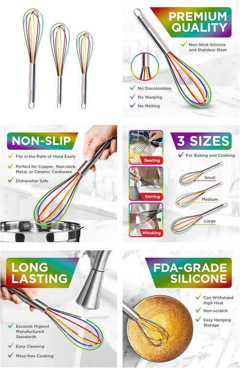 Silicone Whisk Set, Non-Scratch Set of 3, Mini & Small Sizes, Stainless Steel Whisk