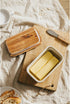Countertop, Butter Dish with Lid for Farmhouse Ceramic Butter Keeper with Acacia Wood Lid, Large Porcelain Butter