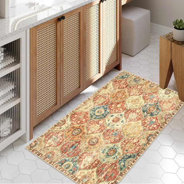 Lahome Moroccan Trellis Entryway Rug, 2x4 Small Non-Slip Vintage Washable Front Door Mat, Red/Orange